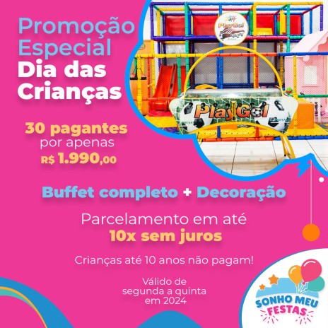Promoção Especial Dia das Crianças - 30 pagantes por apenas R$ 1.990,00 - Buffet completo + Decoração - Parcelamento em até 10x sem juros - Válido de segunda a quinta em 2024 - Crianças até 1