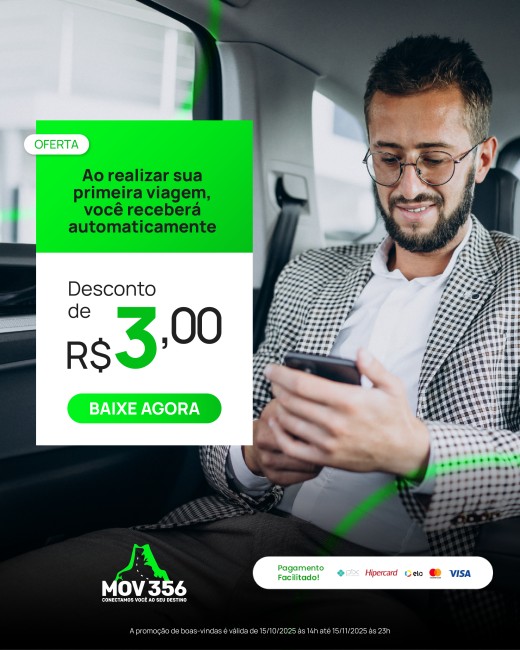 Ao realizar sua primeira viagem, você receberá automaticamente um desconto de R$ 3,00.  A promoção de boas-vindas é válida de 15/10/2025 às 14h até 15/11/2025 às 23h.  Aproveite essa oportuni