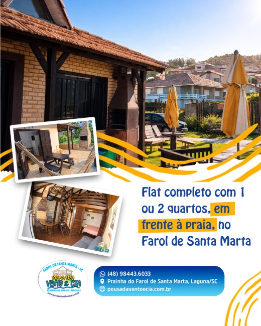 Flat completo com 1 ou 2 quartos, em frente à praia, no Farol de Santa Marta