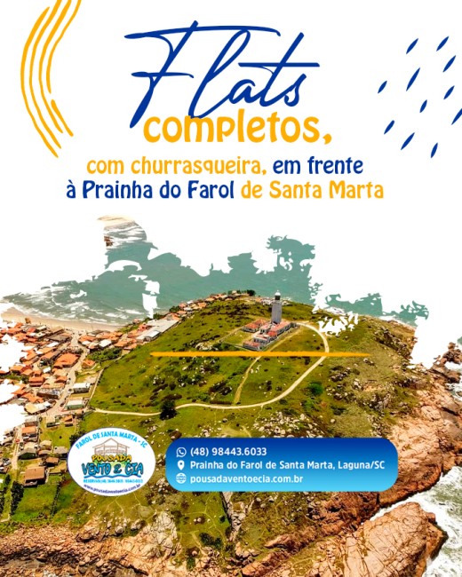 Flats completos, com churrasqueira, em frente à Prainha do Farol de Santa Marta